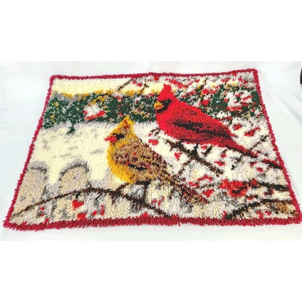 Vintage Cardinal Pair Finished Latch Hook Rug Kit Wall Hanging Birds Trees 37x27